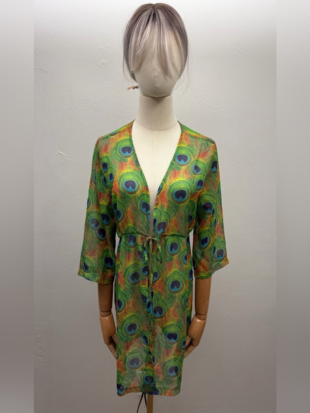 Peacock Print Beach Cover Up Dress Large Green Sheer Swim Cover-Up Boho